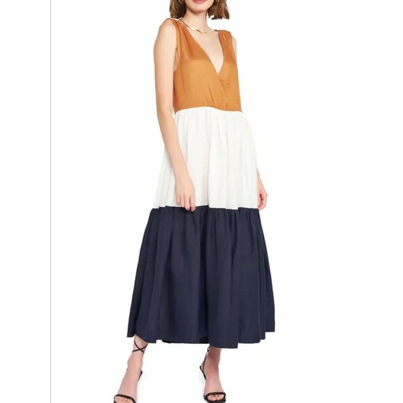 Anthropologie En Saison V-Neck Colorblock Maxi Dress Brown White Navy Medium - Picture 15 of 15